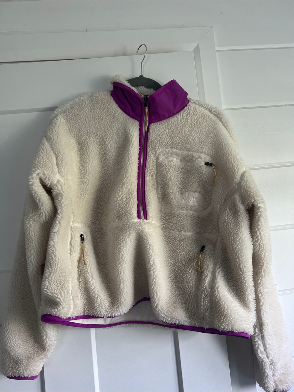 The North Face Cream Sherpa Pullover with Purple Trim